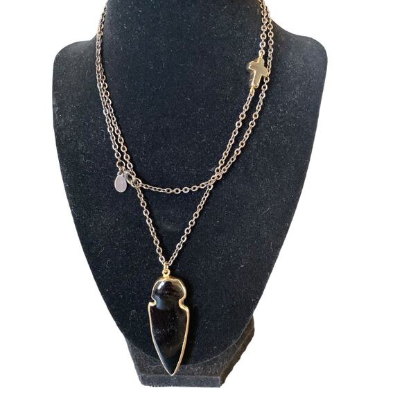 EXPRESS Gold Tone Cross Acrylic Arrowhead Gray Metal Chain Necklace 32”L - Picture 1 of 9